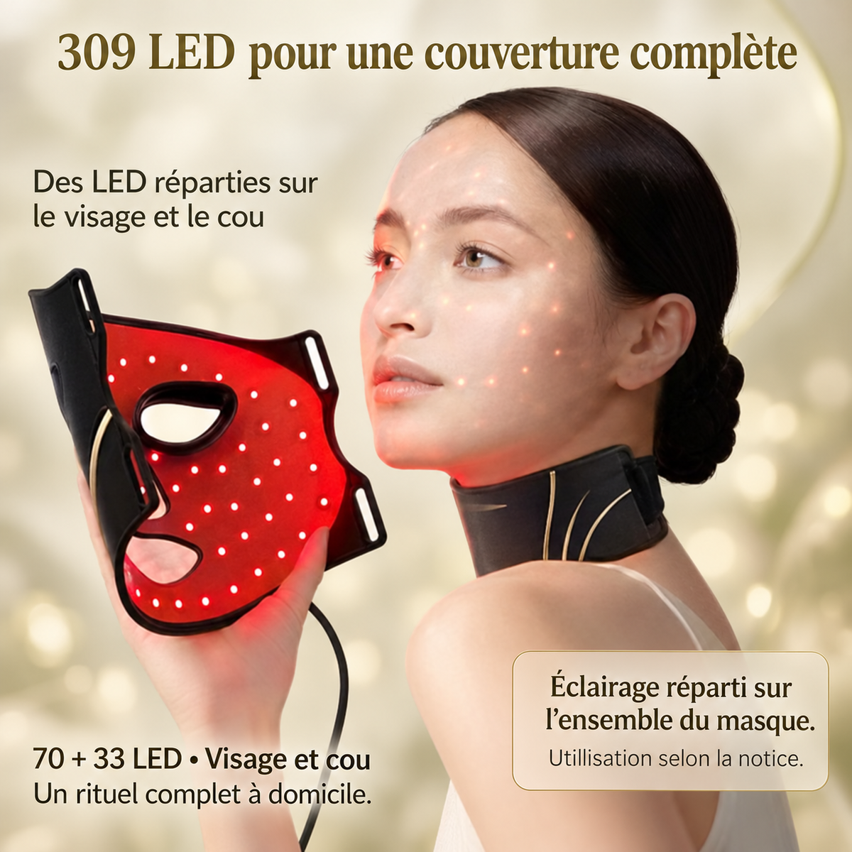 AURA GLOW : masque LED visage et cou, présentation en français sur fond AURA
