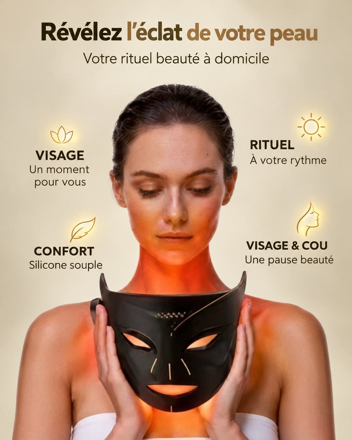 AURA GLOW : femme tenant le masque LED, rituel beauté en français sur fond AURA