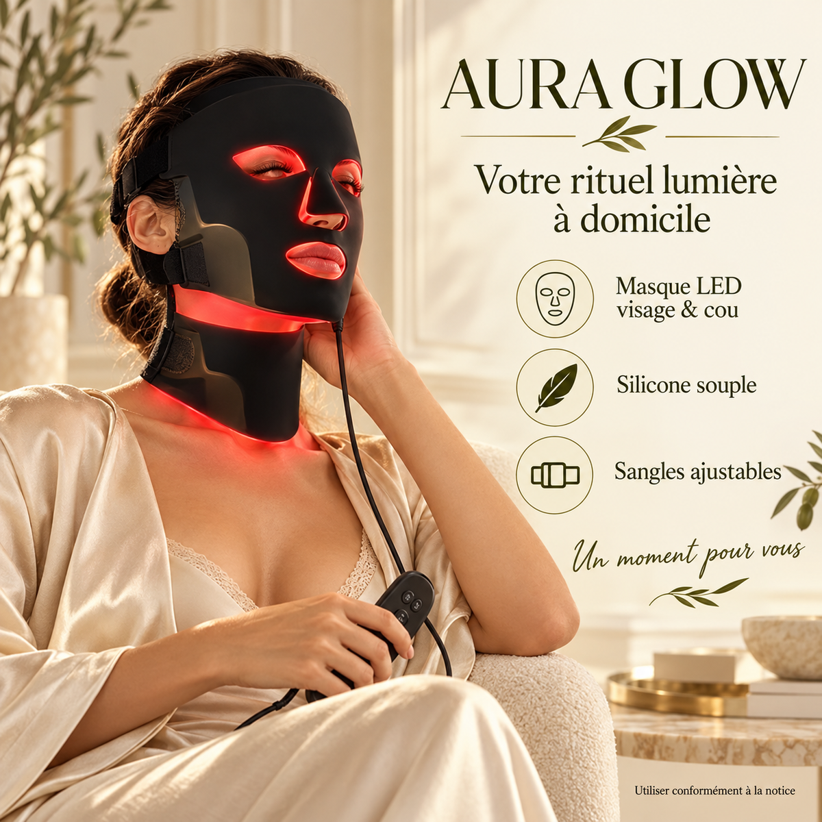 AURA GLOW masque LED visage et cou, silicone souple et sangles ajustables