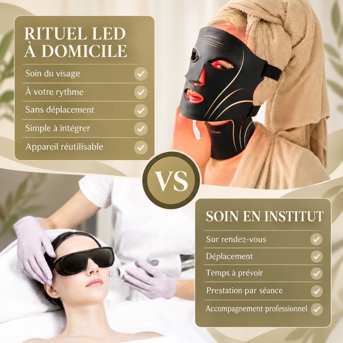 AURA GLOW : rituel LED à domicile et soin en institut, visuel français AURA